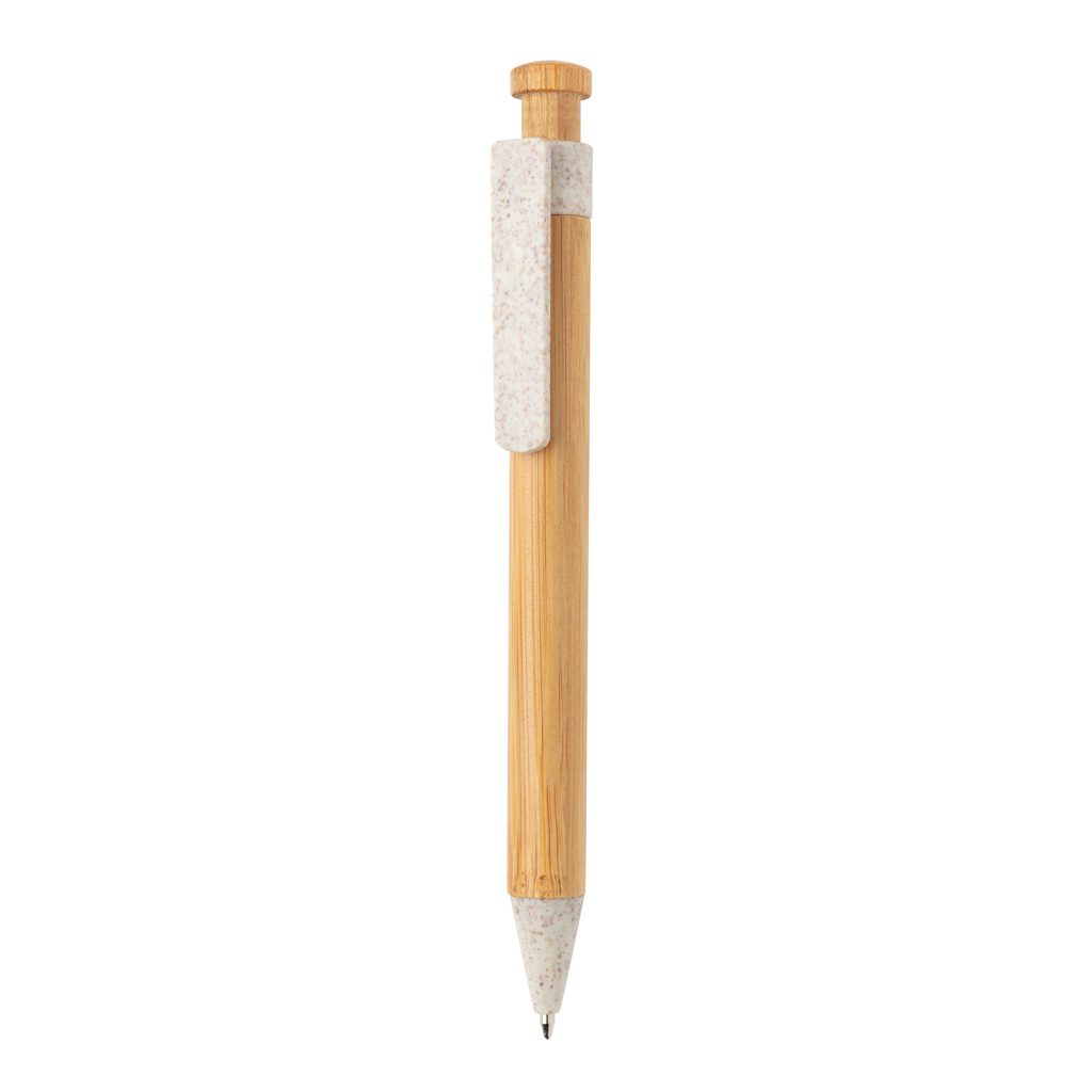 [KX140626] Stylo en bambou avec clip en fibre de paille (blanc)