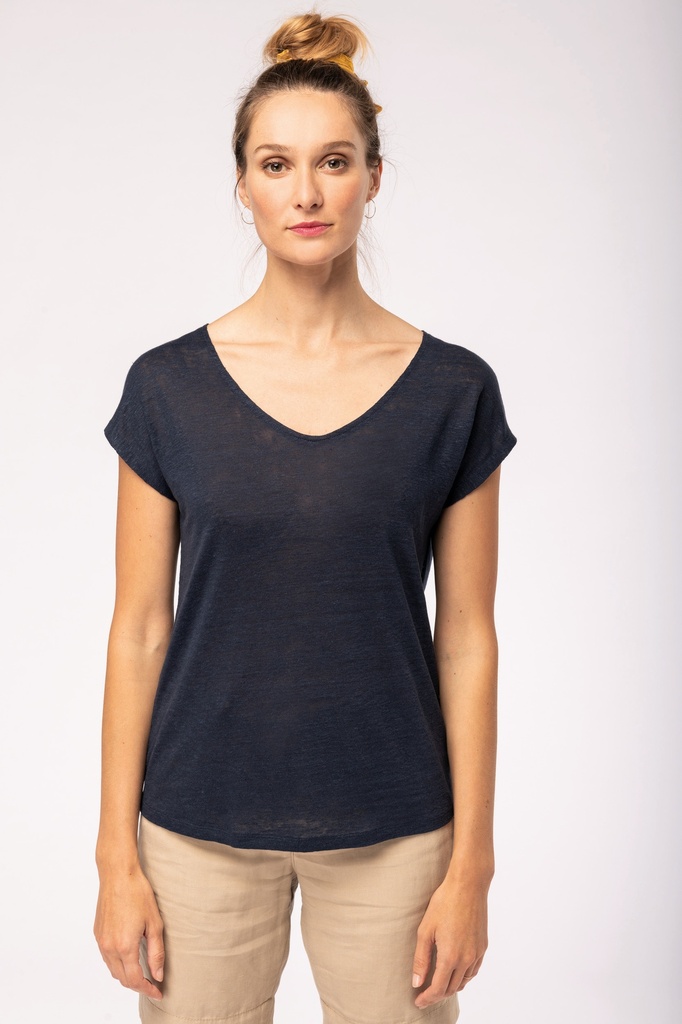 [122106] T-shirt en lin col V  femme - 190g (s, navy blue)