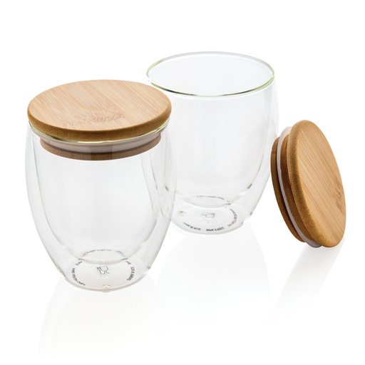 [KX113687] Set de 2 verres double paroi 250ml avec couvercle en bambou